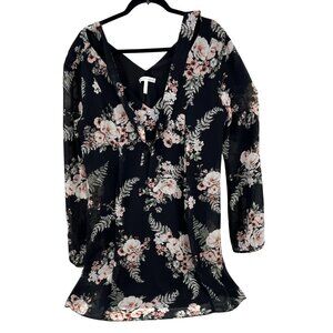 BCBGGeneration‎ Black Floral Long-Sleeve V-Neck Dress With Tie Detail Size L